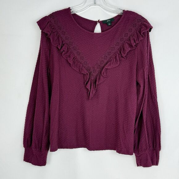 J.CREW Burgundy Ruffle Trim Honeycomb Knit Blouse Top Shirt Small - Picture 2 of 16
